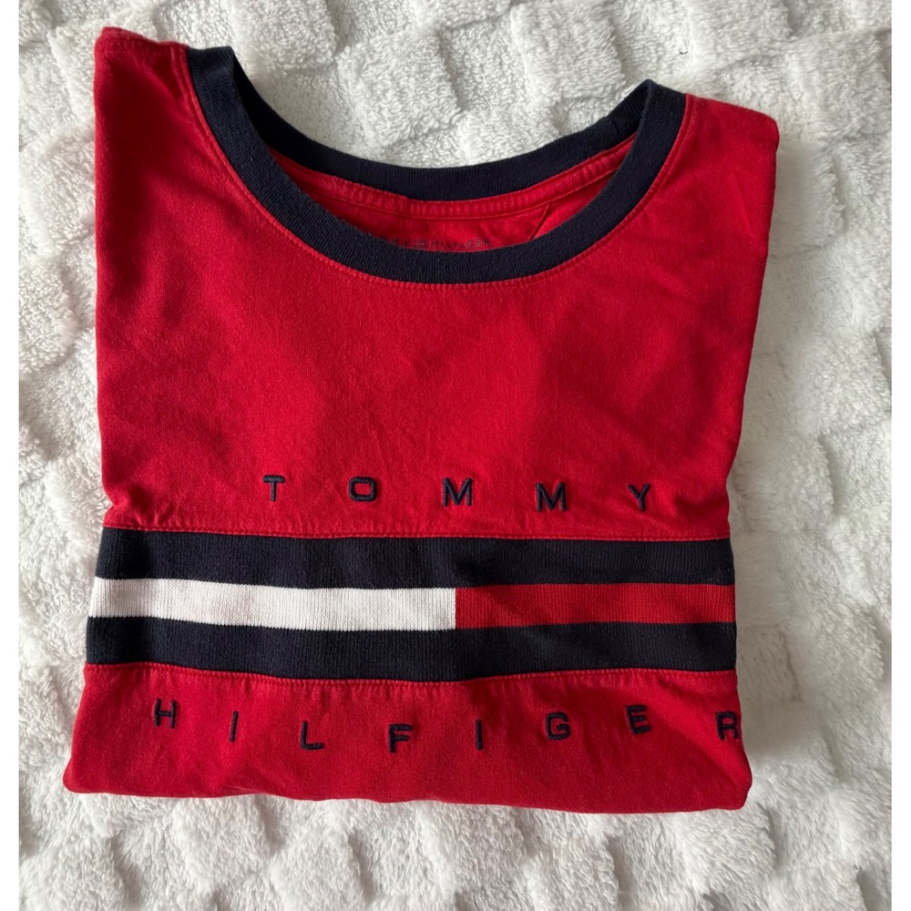 Tommy Hilfiger Mens 3XL Red Ringer T Shirt Striped Chest Logo 100% Cotton EUC
